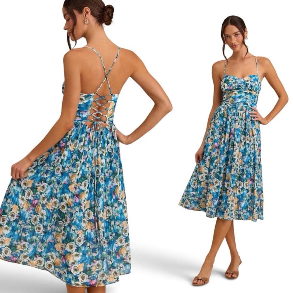Lulus Aleyna Blue Multi Abstract Pleated Lace-Up Bustier Midi Dress size L NWT